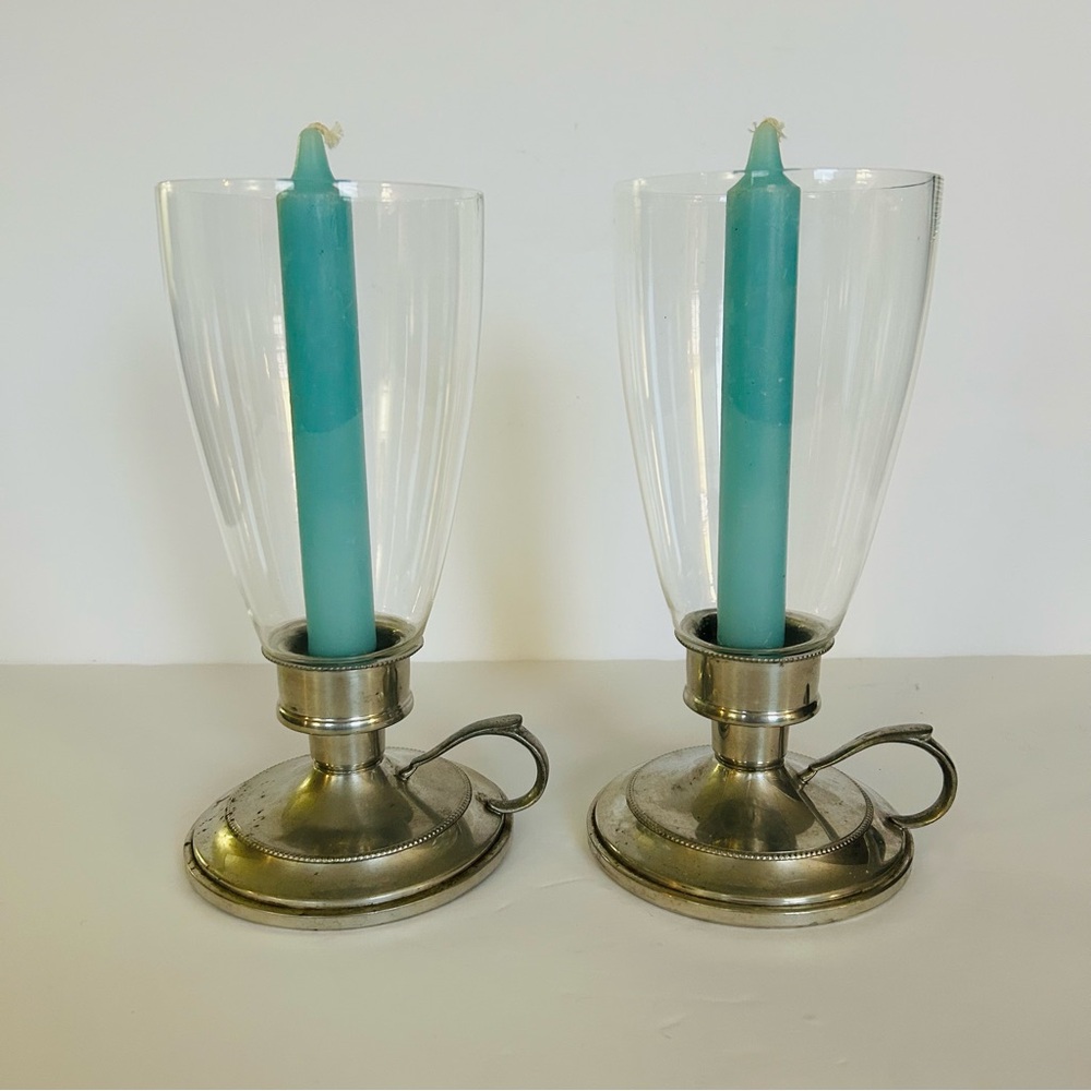 2 Vintage ATC Queen Art Hand Made Danish Quality Pewter Candle Holders w/ Globes